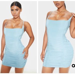 Dusty Turquoise Slinky Strappy Ruched Side Detail Bodycon Dress